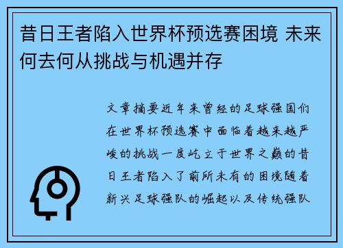 昔日王者陷入世界杯预选赛困境 未来何去何从挑战与机遇并存