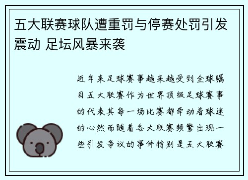 五大联赛球队遭重罚与停赛处罚引发震动 足坛风暴来袭