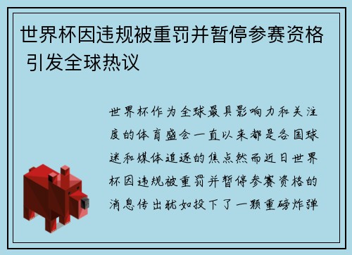 世界杯因违规被重罚并暂停参赛资格 引发全球热议