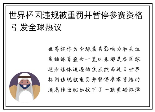 世界杯因违规被重罚并暂停参赛资格 引发全球热议