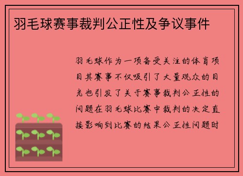 羽毛球赛事裁判公正性及争议事件