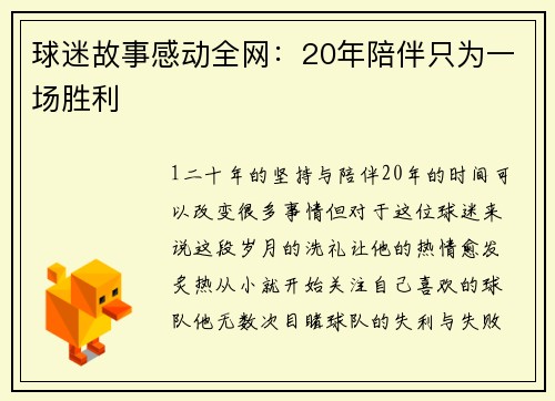 球迷故事感动全网：20年陪伴只为一场胜利