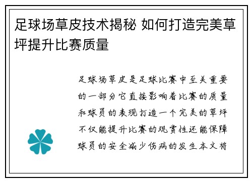 足球场草皮技术揭秘 如何打造完美草坪提升比赛质量